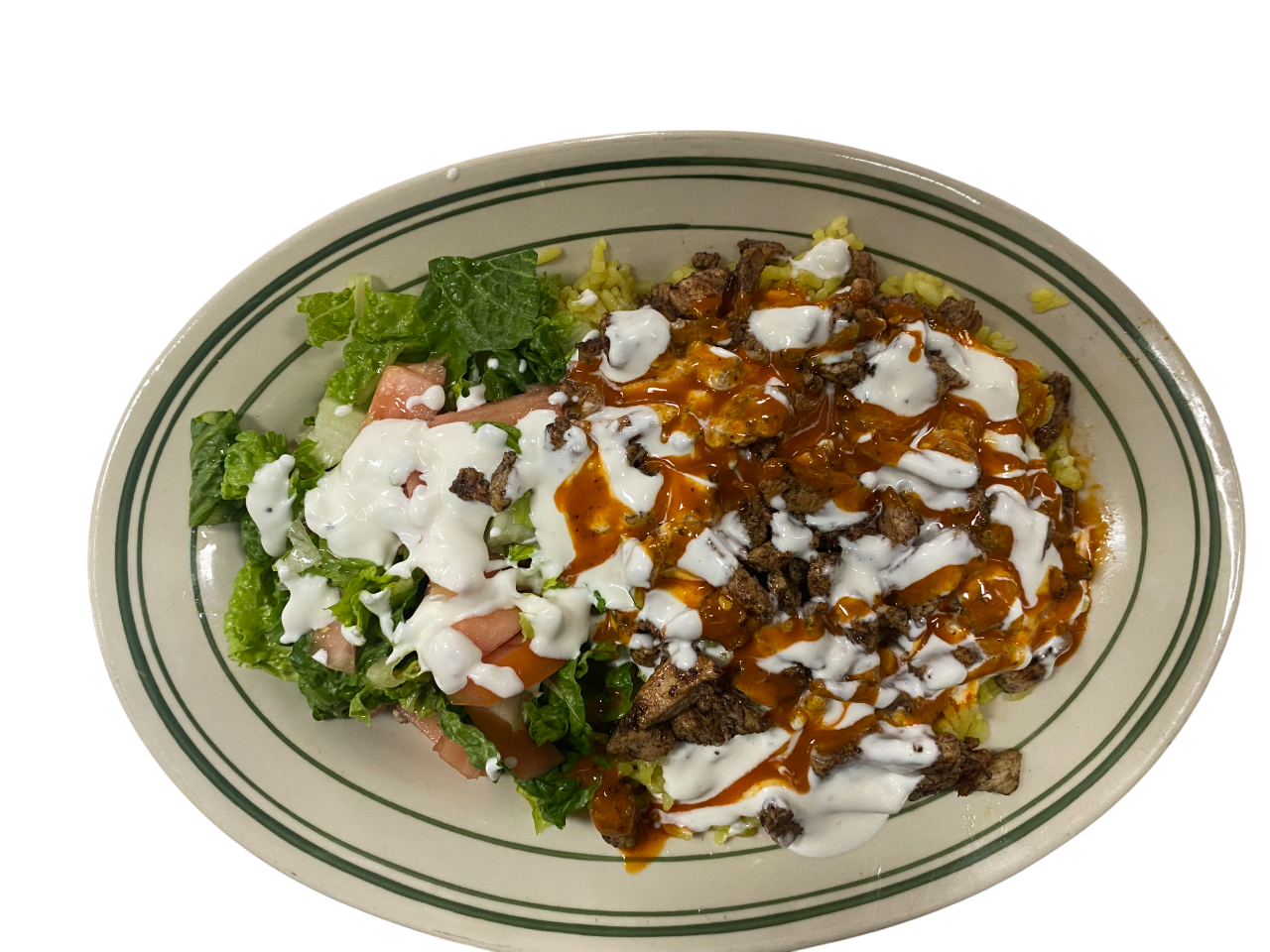 Halal chicken and gyro platter served with rice, salad, and sauces in Clifton NJ